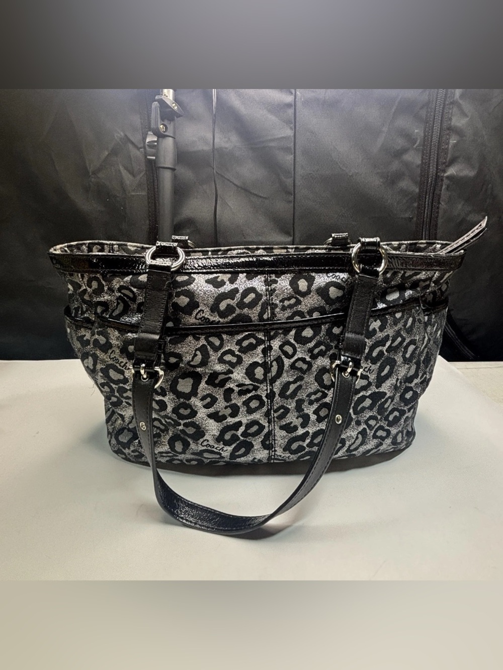 Coach black and gray metallic leopard print bag F17675 Purple Lining Shoulder